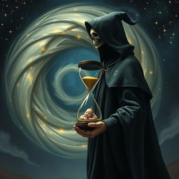 A mysterious mage wearing a cloak adorned with skull patterns stands before a swirling time portal