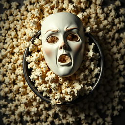 A top-down view of a mask depicting a young woman's face without eyes, displaying a scared expression