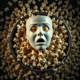 A top-down view of a mask depicting a young woman's face without eyes, displaying a scared expression