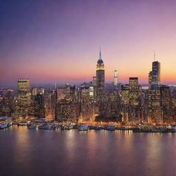 New York City skyline with its iconic skyscrapers and vibrant lights during sunset