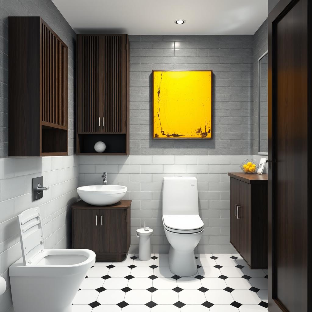 A bathroom designed with gray tiled walls and dark wood furniture, featuring one toilet