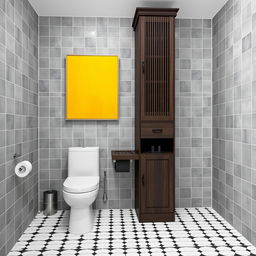 A bathroom designed with gray tiled walls and dark wood furniture, featuring one toilet