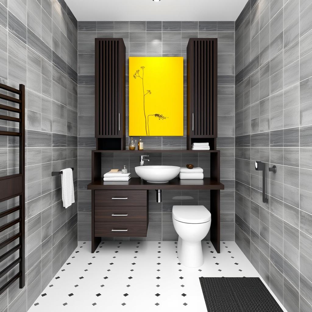 A bathroom designed with gray tiled walls and dark wood furniture, featuring one toilet