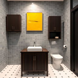 A bathroom designed with gray tiled walls and dark wood furniture, featuring one toilet