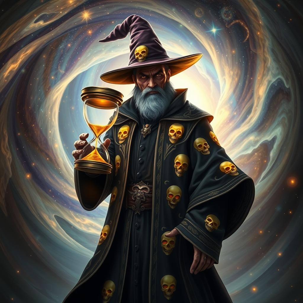 A mysterious wizard adorned in attire with intricately designed skull motifs stands confidently in a swirling temporal portal