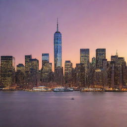 New York City skyline with its iconic skyscrapers and vibrant lights during sunset