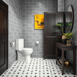 A stylish bathroom featuring gray tiled walls and elegant dark wood furniture