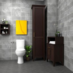 A stylish bathroom featuring gray tiled walls and elegant dark wood furniture