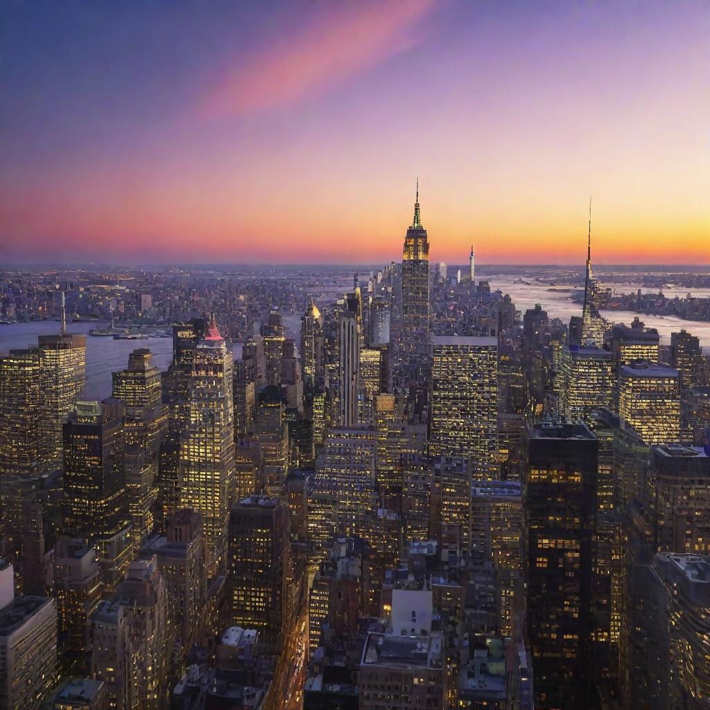 New York City skyline with its iconic skyscrapers and vibrant lights during sunset