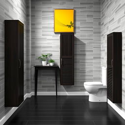 A stylish bathroom featuring gray tiled walls and elegant dark wood furniture