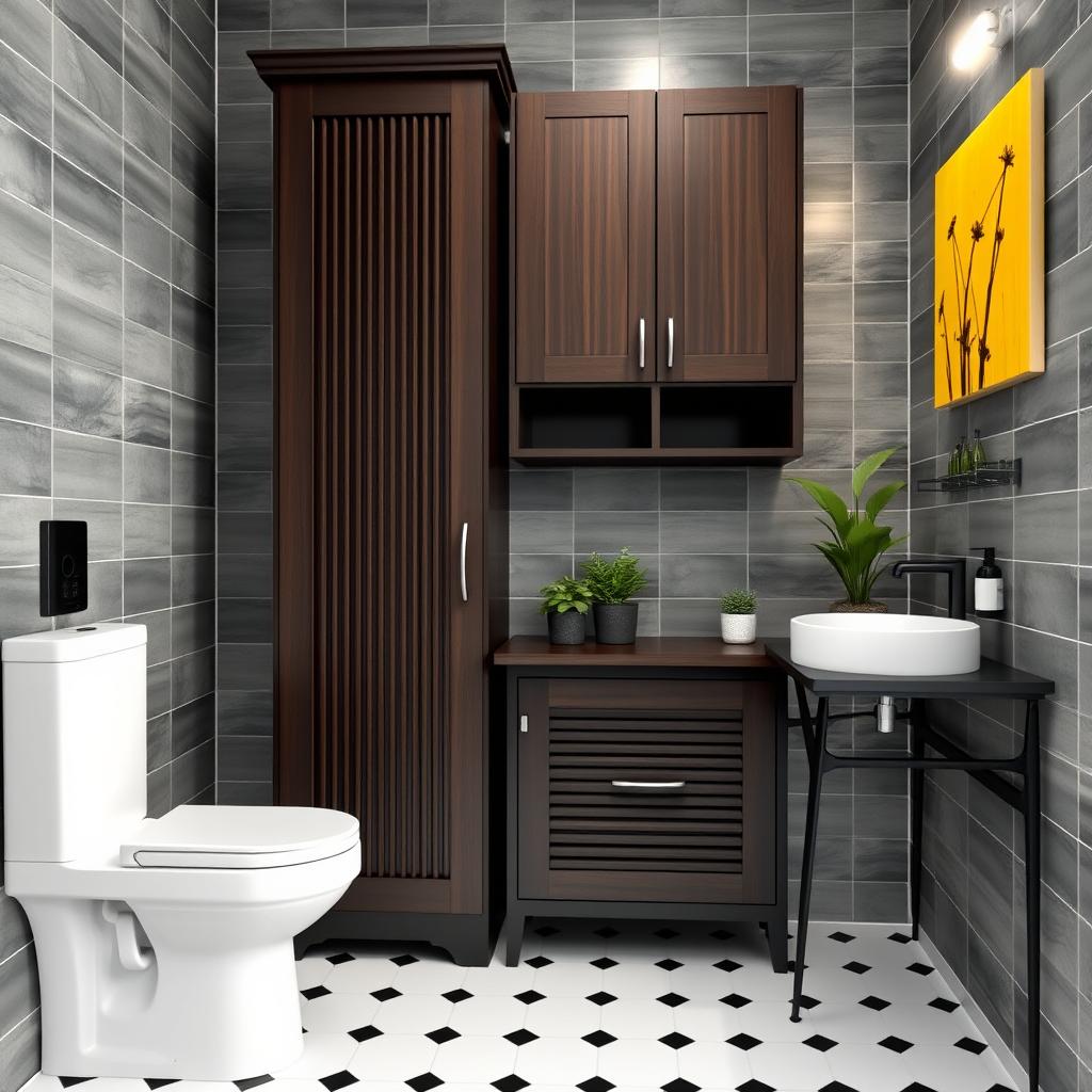 A stylish bathroom featuring gray tiled walls and elegant dark wood furniture