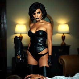 Eva Longoria as a dominatrix with short dark messy bob hair, heavy black eye shadow, and black lipstick