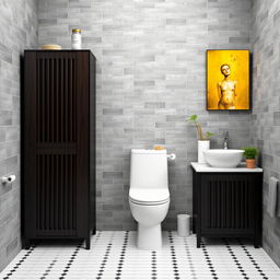 A stylish bathroom featuring gray tiled walls and elegant dark wood furniture