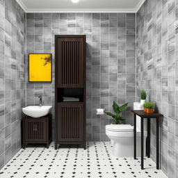 A stylish bathroom featuring gray tiled walls and elegant dark wood furniture