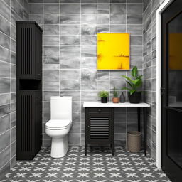 A stylish bathroom featuring gray tiled walls and elegant dark wood furniture