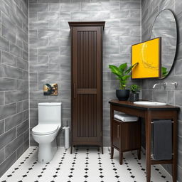 A stylish bathroom featuring gray tiled walls and elegant dark wood furniture