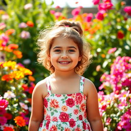 A confident, happy chubby girl with a charming smile, standing in a sunlit garden filled with colorful flowers