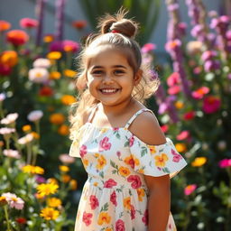 A confident, happy chubby girl with a charming smile, standing in a sunlit garden filled with colorful flowers