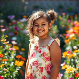 A confident, happy chubby girl with a charming smile, standing in a sunlit garden filled with colorful flowers