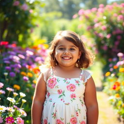 A confident, happy chubby girl with a charming smile, standing in a sunlit garden filled with colorful flowers