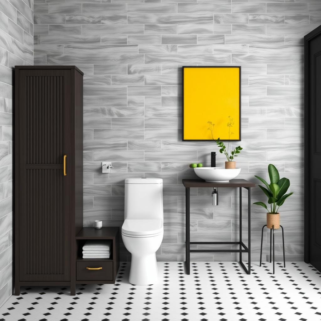 A stylish bathroom featuring gray solid tiled walls paired with elegant dark wood furniture