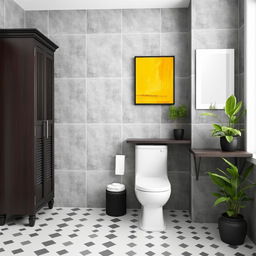 A stylish bathroom featuring gray solid tiled walls paired with elegant dark wood furniture