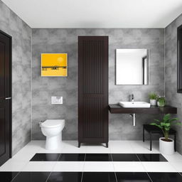 A stylish bathroom featuring gray solid tiled walls paired with elegant dark wood furniture