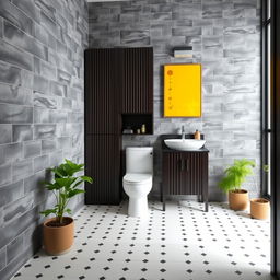 A stylish bathroom featuring gray solid tiled walls paired with elegant dark wood furniture