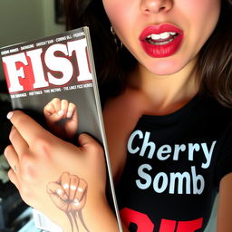 extreme close-up of a gorgeous brunette wearing a punk shirt with the words "Cherry Bomb", showcasing her large chest and cleavage