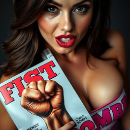 An extreme close-up portrait of a gorgeous brunette woman wearing a punk shirt with the words "Cherry Bomb" prominently displayed