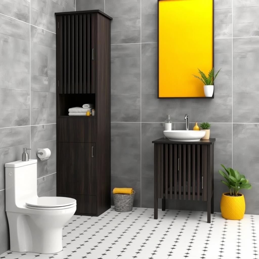 A stylish bathroom featuring gray solid tiled walls alongside elegant dark wood furniture