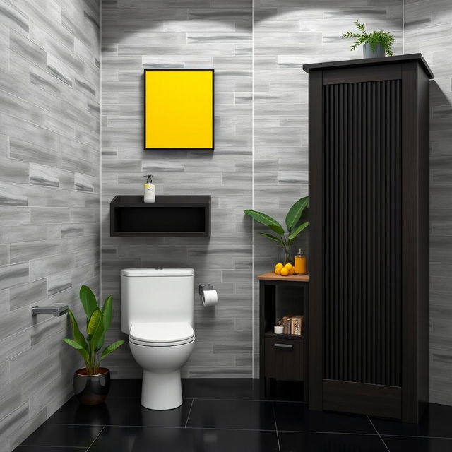 A stylish bathroom featuring gray solid tiled walls alongside elegant dark wood furniture