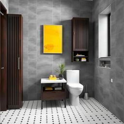 A stylish bathroom featuring gray solid tiled walls alongside elegant dark wood furniture