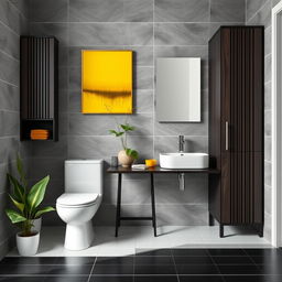 A stylish bathroom featuring gray solid tiled walls alongside elegant dark wood furniture