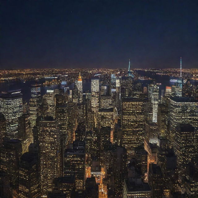 An awe-inspiring view of New York City lit up at night, showcasing the Empire State Building, Times Square, and the Statue of Liberty.