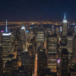 An awe-inspiring view of New York City lit up at night, showcasing the Empire State Building, Times Square, and the Statue of Liberty.