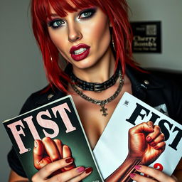 An extreme close-up of a gorgeous redhead woman with striking features, wearing a punk-inspired shirt that displays the text 'Cherry Bomb'