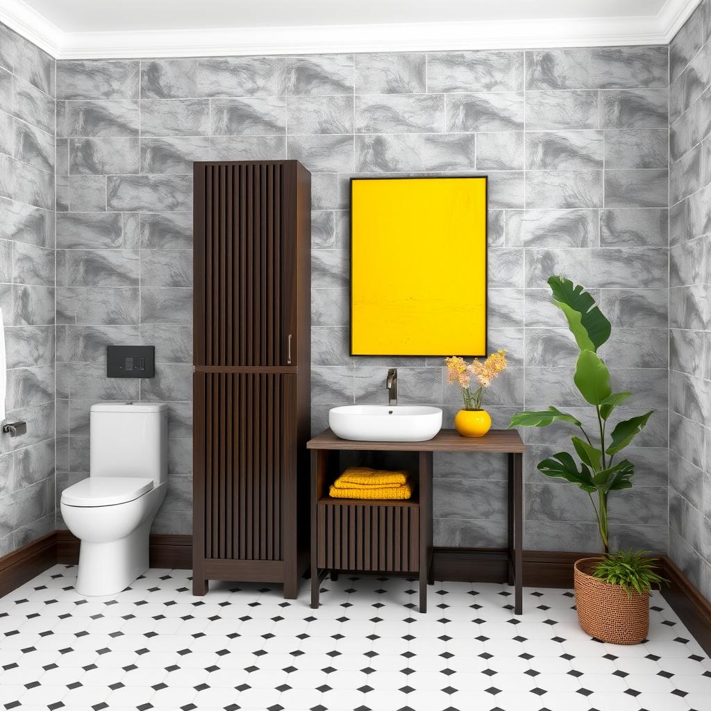 A stylish bathroom featuring gray solid tiled walls with elegant dark wood furniture and a skirting board made of dark wood