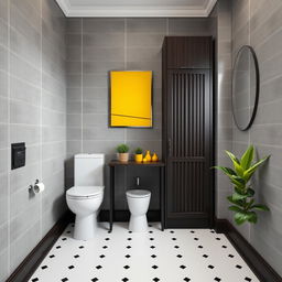 A stylish bathroom featuring gray solid tiled walls with elegant dark wood furniture and a skirting board made of dark wood