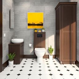 A stylish bathroom featuring gray solid tiled walls with elegant dark wood furniture and a skirting board made of dark wood