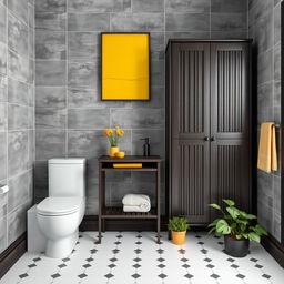 A stylish bathroom featuring gray solid tiled walls with elegant dark wood furniture and a skirting board made of dark wood