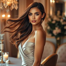 A stunning and elegant woman with flowing hair, wearing a graceful evening gown, posing confidently in a delicate, glamorous setting filled with soft, ambient lighting