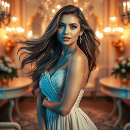 A stunning and elegant woman with flowing hair, wearing a graceful evening gown, posing confidently in a delicate, glamorous setting filled with soft, ambient lighting