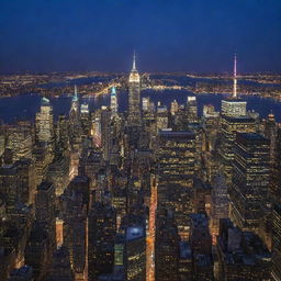 An awe-inspiring view of New York City lit up at night, showcasing the Empire State Building, Times Square, and the Statue of Liberty.