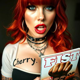 A beautiful redhead in an extreme close-up, wearing a punk shirt with the words "Cherry Bomb," lush red hair framing her face