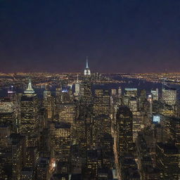 An awe-inspiring view of New York City lit up at night, showcasing the Empire State Building, Times Square, and the Statue of Liberty.