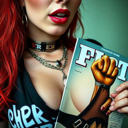 An extreme close-up image of a gorgeous redhead with vibrant hair, wearing a punk shirt with the text "Cherry Bomb"