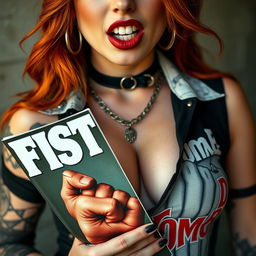 A stunning extreme close-up of a gorgeous redhead woman wearing a punk shirt with the words "Cherry Bomb"