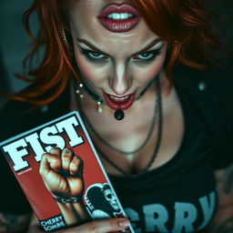 A stunning extreme close-up of a gorgeous redhead woman wearing a punk shirt with the words "Cherry Bomb"