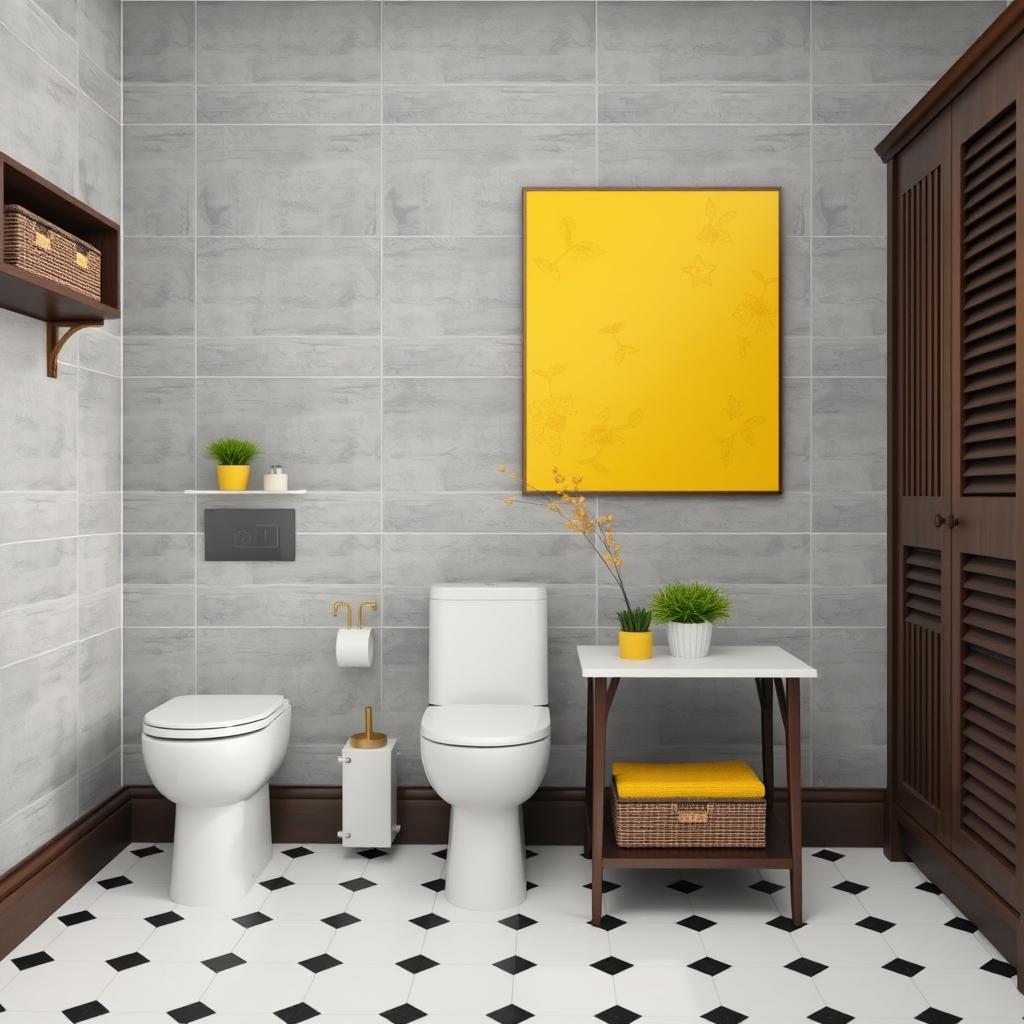 A stylish bathroom with gray solid tiled walls and elegant dark wood furniture, including a skirting board and shelves with baskets